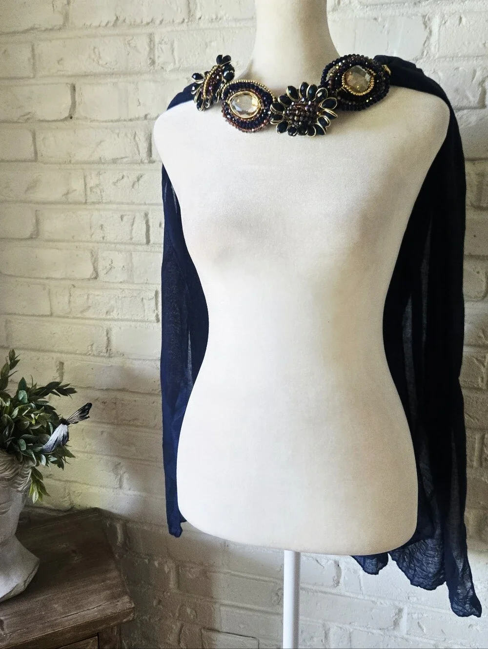 Vtg 80s 90s Flowy Faceted Jewel Embellished Neck Scarf, Party, Formal, Navy
